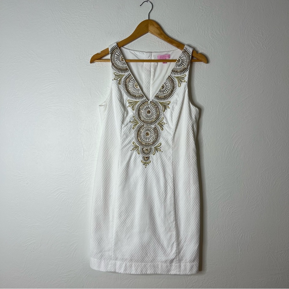 Lilly Pulitzer Gabby Shift Dress White Gold Embroidered Cotton Lined Size 6